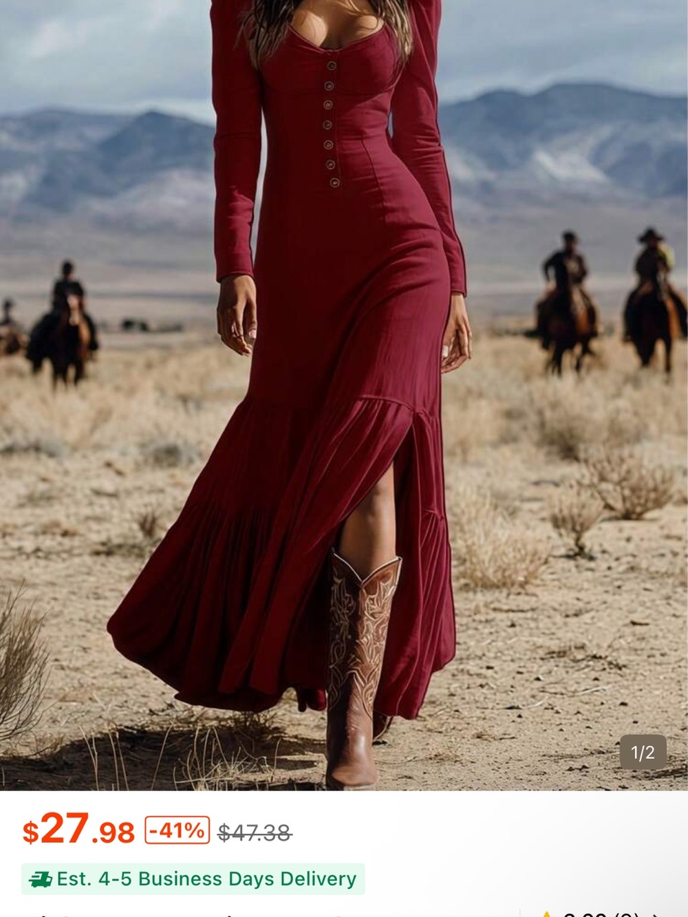 SHEIN Burgundy Long Sleeve Maxi Dress with Side Slit